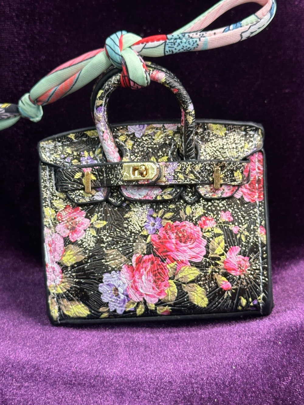 Black Floral Metallic Mini Bag Charm w/ Twilly Scarf